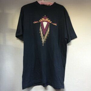 Vintage Keehn Scenes Men's Navy Blue Patchwork Crew T-Shirt Large Short Sleeve